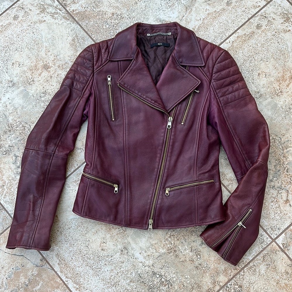 Hugo Boss Long Sleeve Leather Moto Biker Zip Up Jacket Women’s 0 XS Extra Small